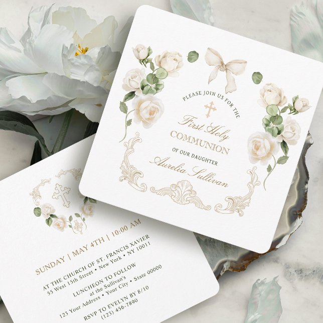 Delicate Ivory Roses Frame First Communion Small Invitation (Creator Uploaded)