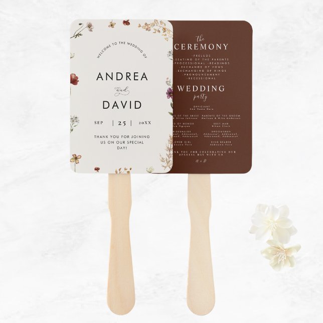 Delicate Ivory Wildflowers Script Wedding Program Hand Fan (Creator Uploaded)