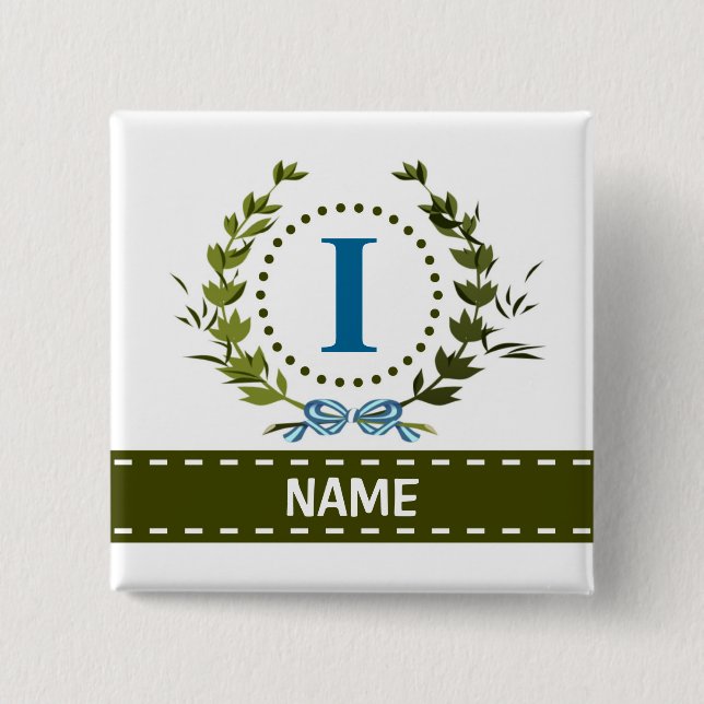 Delicate Ivy Wreath and Bow Name with Monogram I Button (Front)