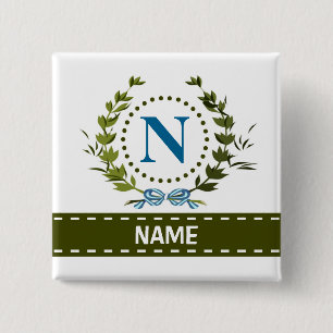 Delicate Ivy Wreath and Bow Name with Monogram N Button