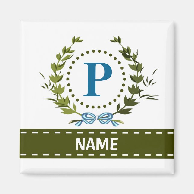 Delicate Ivy Wreath and Bow Name with Monogram P Magnet (Front)