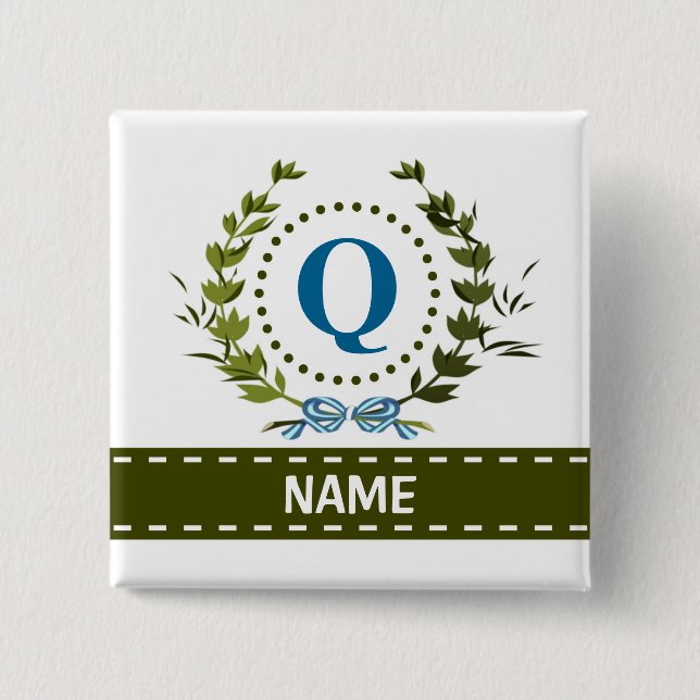 Delicate Ivy Wreath and Bow Name with Monogram Q Button (Front)