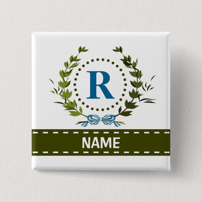 Delicate Ivy Wreath and Bow Name with Monogram R Button (Front)