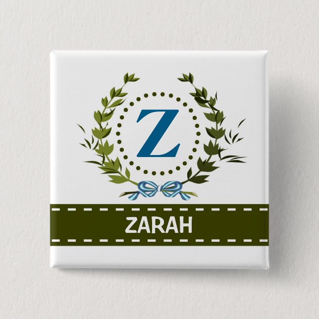 Delicate Ivy Wreath and Bow Name with Monogram Z Pinback Button (Front)