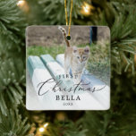 Delicate Kitten's First Christmas Cat Photo Ceramic Ornament<br><div class="desc">This delicate kitten's first Christmas cat photo ceramic ornament is the perfect modern Christmas tree decoration. The romantic minimalist design features lovely and elegant black typography with a clean and simple look. This keepsake ornament reads "first Christmas". Personalize your double-sided ornament with a photo of your kitty, your kitten's name...</div>