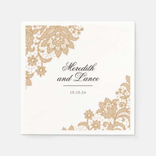 Delicate Lace Black and Gold Script Wedding Napkins