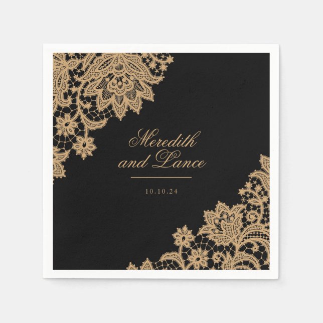 Delicate Lace Black and Gold Script Wedding Napkins (Front)