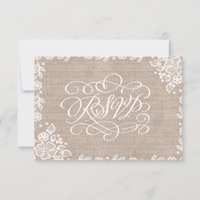 Delicate Lace Burlap Rustic Wedding RSVP Card (Front)