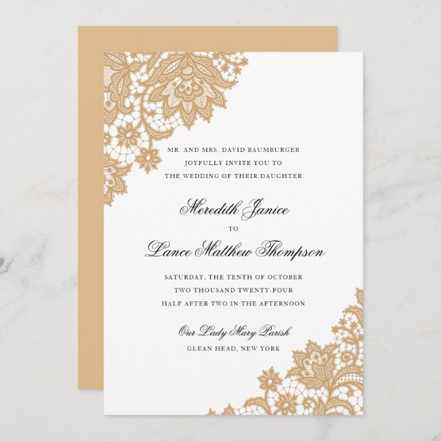 Delicate Lace Corner Black and Gold Script Wedding Invitation (Front/Back)
