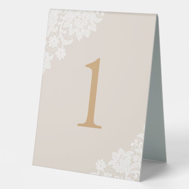 Delicate Lace Ivory and Gold Script Wedding Table Tent (Front)