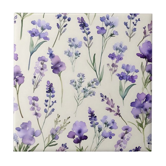 Delicate Lavender Dream Watercolor Floral Ceramic Tile (Front)