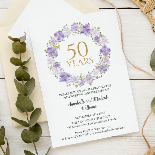 Delicate Lavender Floral Garland 50th Wedding  Invitation