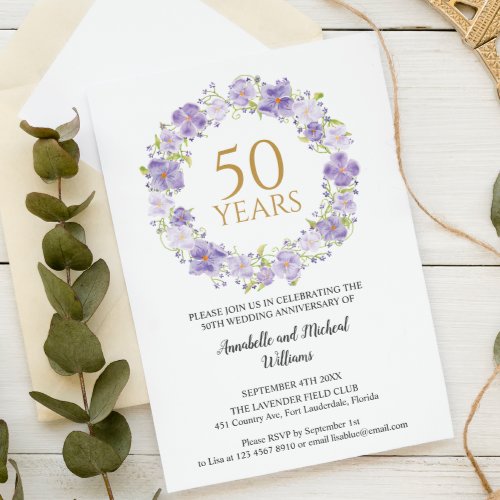 Delicate Lavender Floral Garland 50th Wedding  Invitation