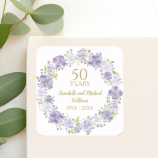 Delicate Lavender Floral Garland 50th Wedding Square Sticker