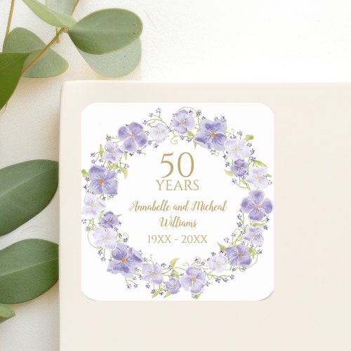 Delicate Lavender Floral Garland 50th Wedding  Square Sticker