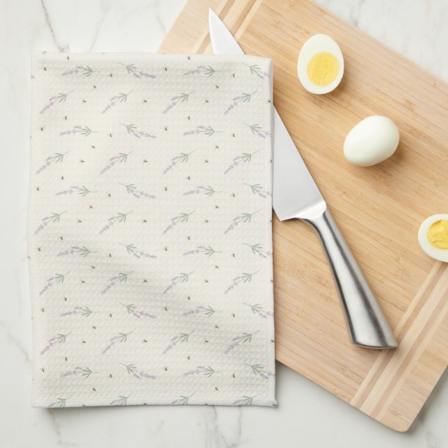 Delicate Lavender & Honeybee Botanical Outline Kitchen Towel (Quarter Fold)