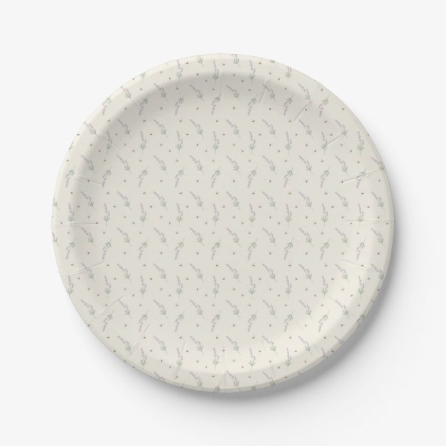 Delicate Lavender & Honeybee Botanical Outline Paper Plates (Front)