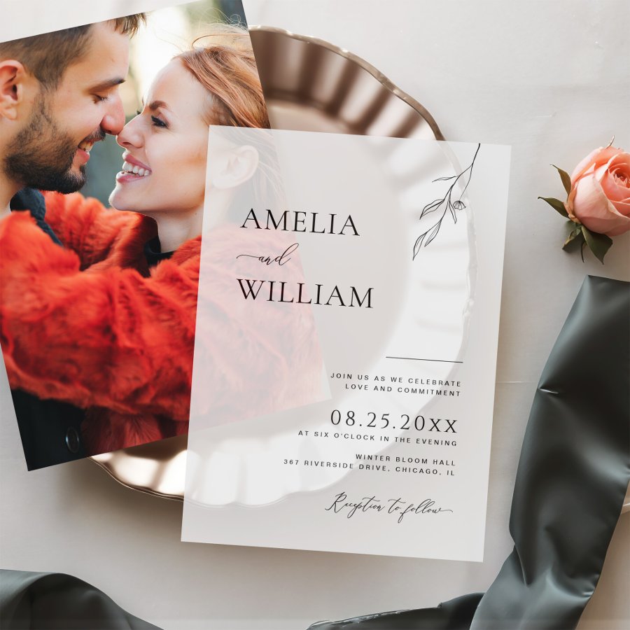 Delicate Leaf Sketch Simple Wedding Vellum Invitations