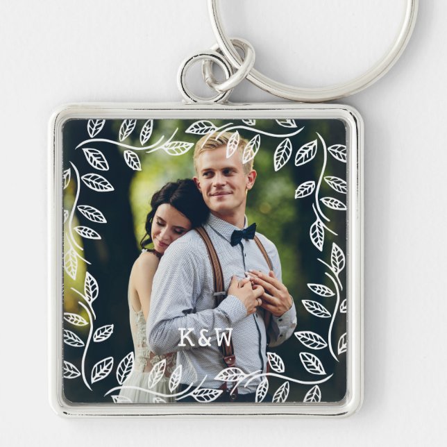 Delicate Leaves Frame Monogrammed Photo Keychain (Front)