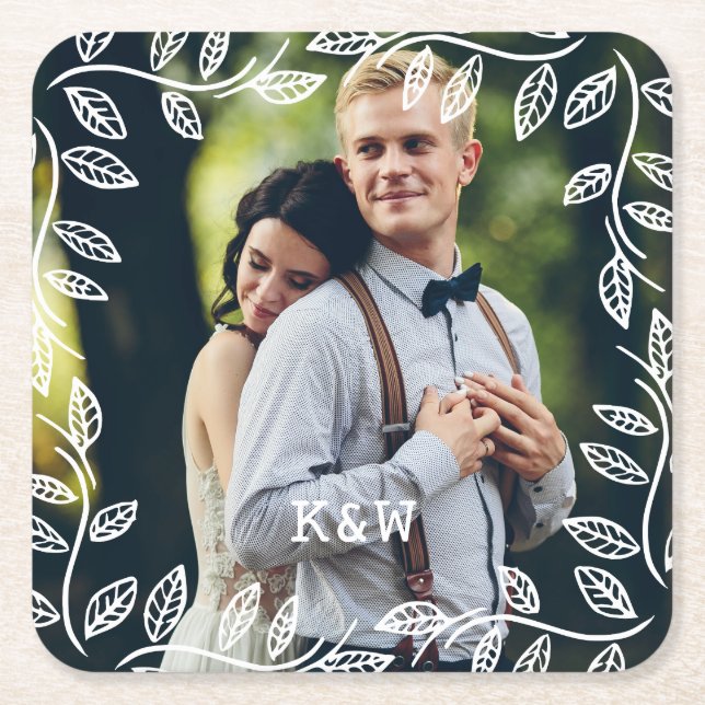 Delicate Leaves Frame Monogrammed Photo Square Paper Coaster (Front)