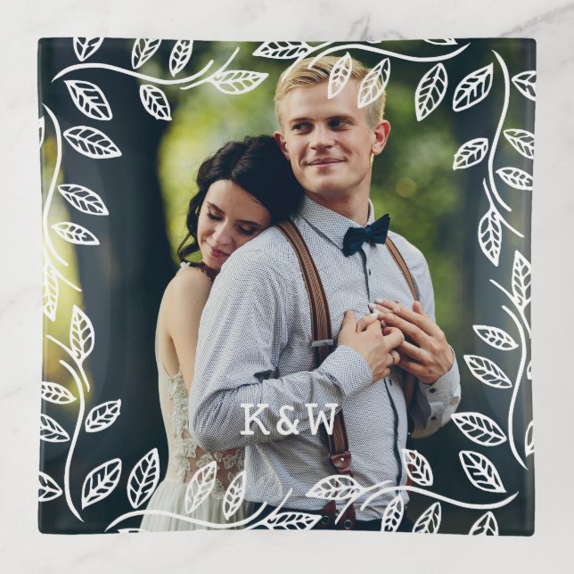 Delicate Leaves Frame Monogrammed Photo Trinket Tray (Front)