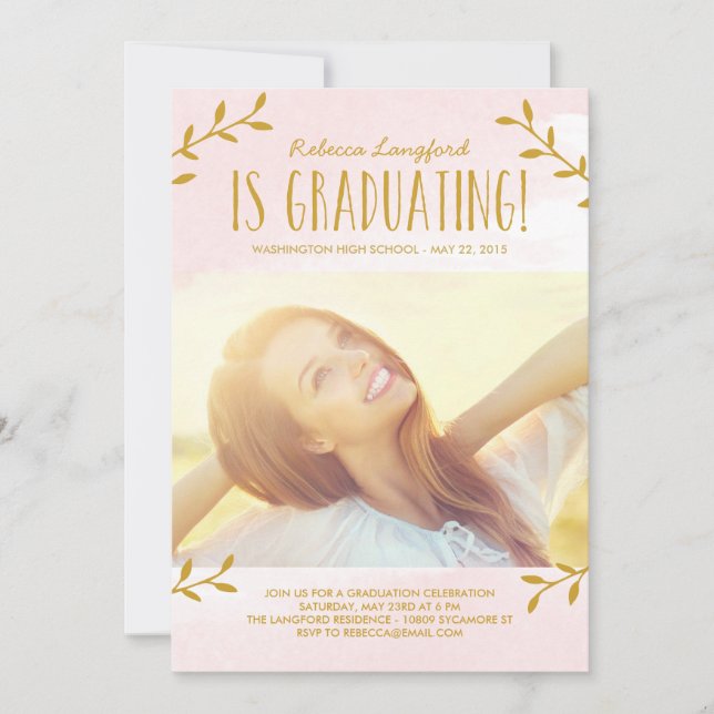 Delicate Leaves Graduation Invitation Pink (Front)