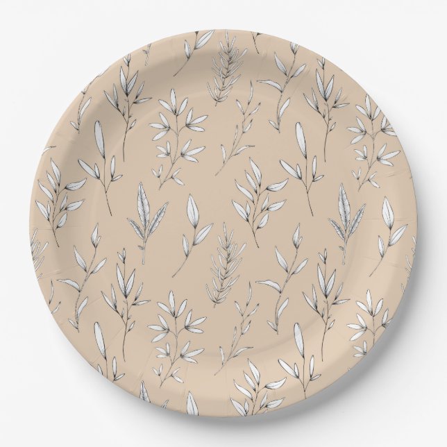 Delicate leaves stems foliage line art tan beige paper plates (Front)