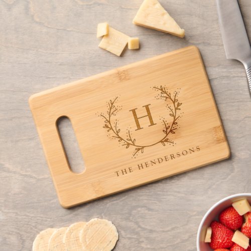 Delicate Leaves Wreath Monogram Family Cutting Board