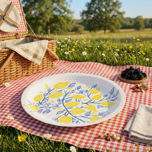 Delicate Lemon Vines Woodcut Effect Paper Plate