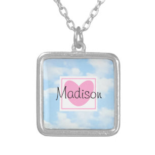 Delicate Light Blue Cloudy Sky Pink Heart Name Silver Plated Necklace
