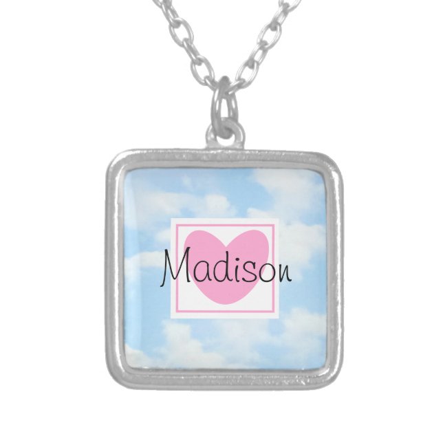 Delicate Light Blue Cloudy Sky Pink Heart Name Silver Plated Necklace (Front)