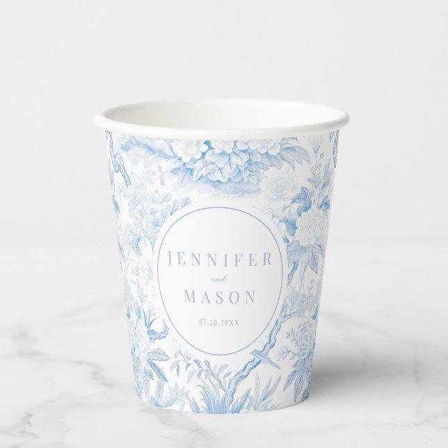 Delicate light blue floral wedding paper cups (Front)