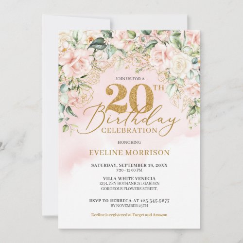 Delicate light pink roses green gold 20th birthday