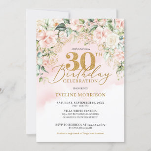 Delicate light pink roses green gold 30th birthday invitation