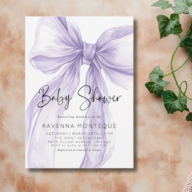 Delicate Lilac Bow Clean Personalized Baby Shower  Invitation (Creator Uploaded)