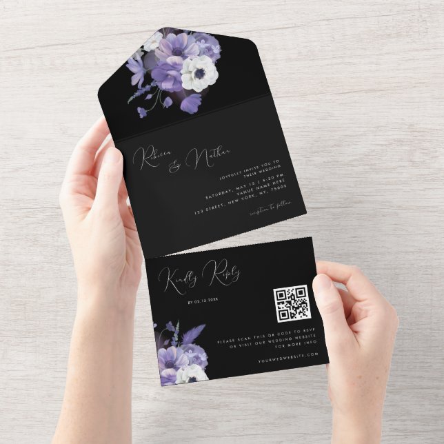 Delicate Lilac Lavender Floral Qr Code Wedding All In One Invitation (Tearaway)