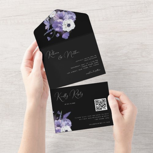 Delicate Lilac Lavender Floral Qr Code Wedding All In One Invitation