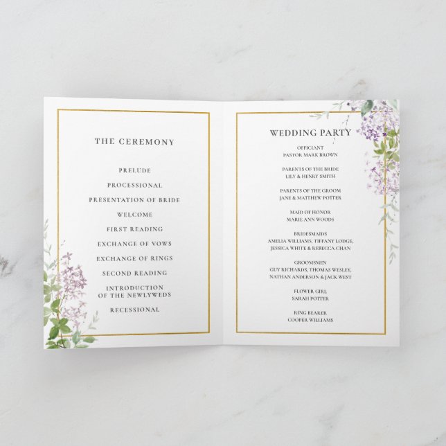 Delicate Lilac Purple Floral Gold Wedding Program (Inside)