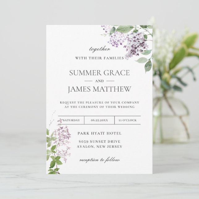 Delicate Lilac Purple Floral Greenery Wedding Invi Invitation (Standing Front)
