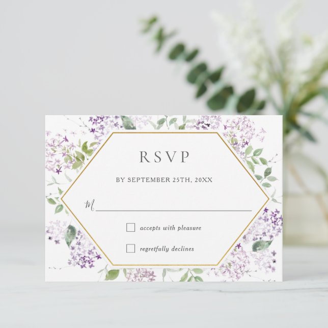 Delicate Lilac Purple Floral Greenery Wedding  RSV RSVP Card (Standing Front)