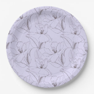 Delicate lily pattern leaves stems line art lilac paper plates