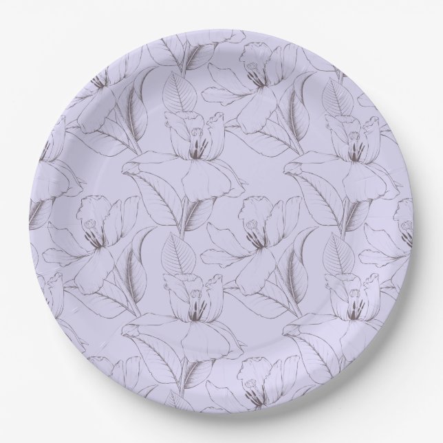 Delicate lily pattern leaves stems line art lilac paper plates (Front)