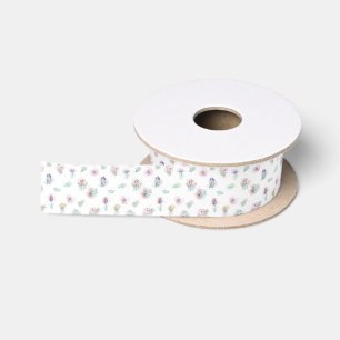 Delicate line flowers on watercolour stains. satin ribbon
