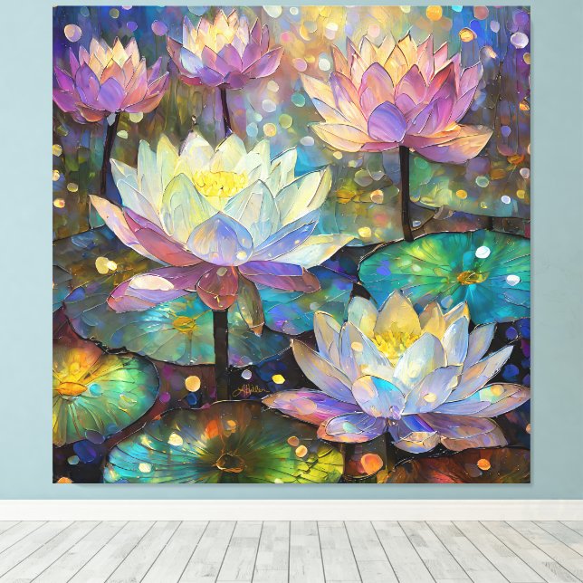 Delicate Lotus Flowers Blossoming in the Snow Canvas Print (Insitu(Wood Floor))