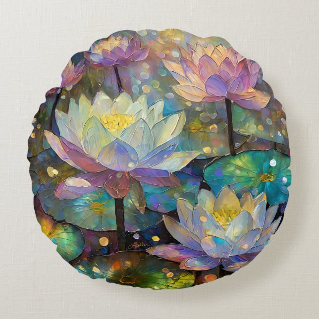 Delicate Lotus Flowers Blossoming in the Snow Round Pillow (Front)