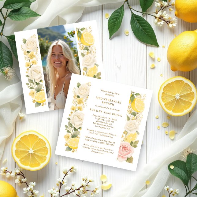 Delicate Mediterranean Lemons Flowers Greenery Invitation (Delicate Pastel Mediterranean Lemons Flowers Greenery Wedding Bridal Shower Invitation Cards.)