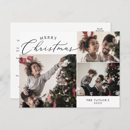 Delicate Merry Christmas 3 Photo Family Newsletter Holiday Postcard