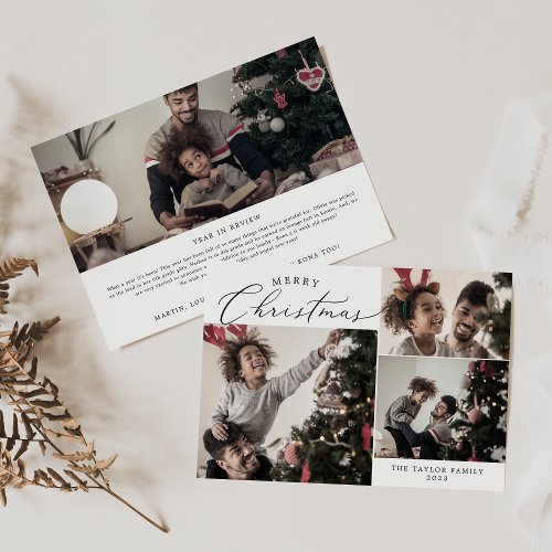 Delicate Merry Christmas 4 Photo Family Newsletter Holiday Card
