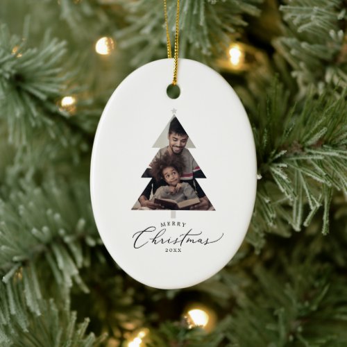 Delicate Merry Christmas Tree Family Photo Ceramic Ornament