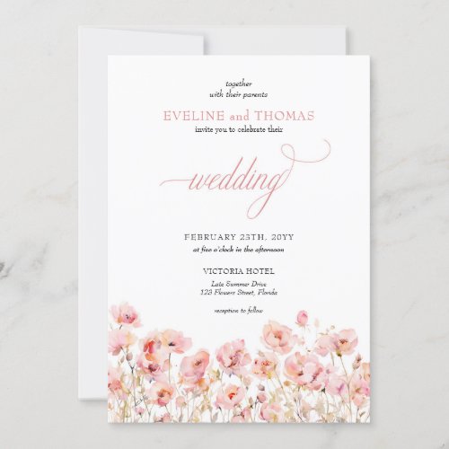 Delicate minimalist boho summer pink wildflowers invitation